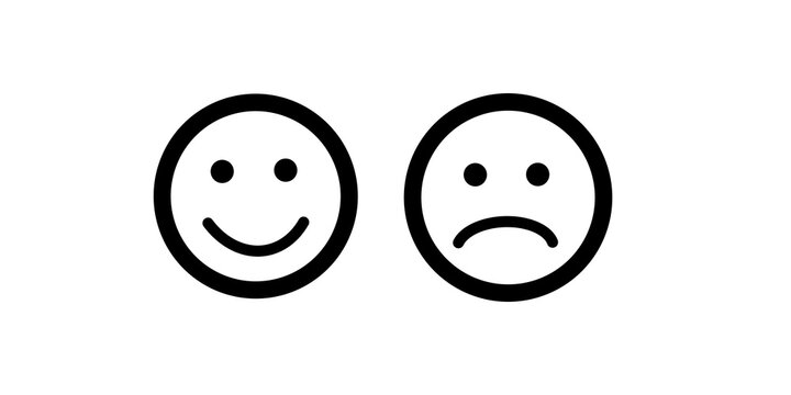 Happy and sad emoticon outline faces comparing mood expressions on grid.
