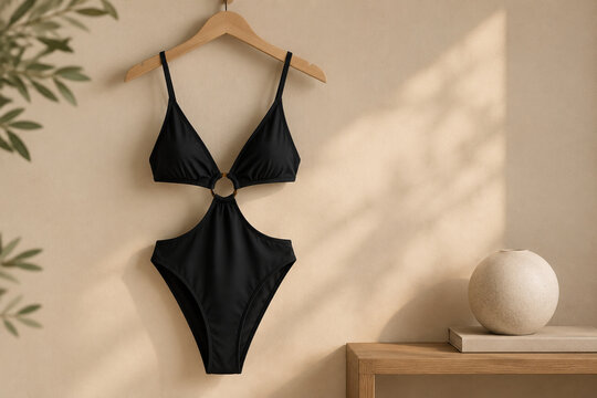 Black cutout monokini on wooden hanger with ceramic sphere, minimalist swimwear fashion concept