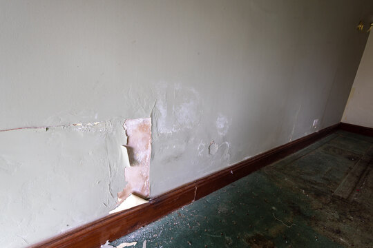 Interior wall with severe damp damage peeling paint exposed plaster stained surface damaged skirting board and dirty green carpet showing a neglected room requiring major renovation