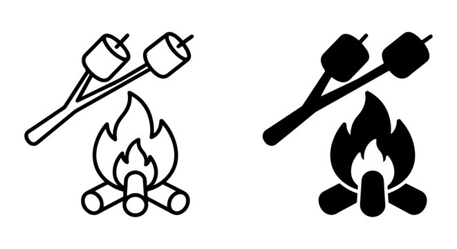 Campfire Marshmallows Icons, Roasting Sweet Treats Vector Set, Outdoor Cooking Fun