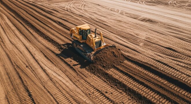 Yellow bulldozer pushing soil across a graded construction site with tire tracks in the dirt