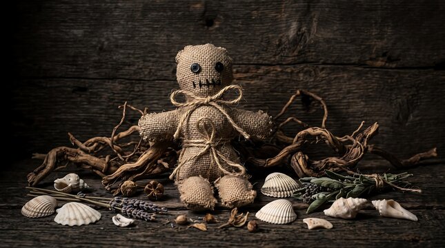 Burlap voodoo doll surrounded by seashells, dried twigs, and herbs on a dark wooden background for Halloween
