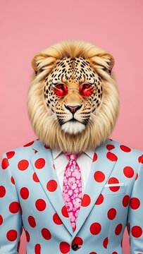 Surreal portrait of a leopard-lion hybrid animal wearing a polka dot suit and red sunglasses on pink background.