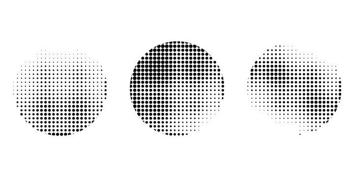Circle halftone effects set. Monochrome dots semitone element. Vector illustration.