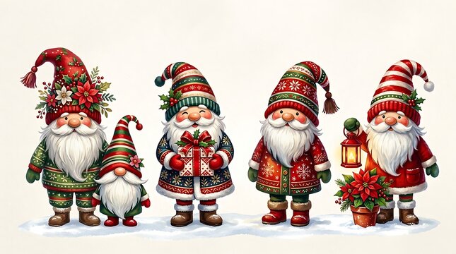 Group of cute christmas gnomes with gifts and lanterns isolated on white background
