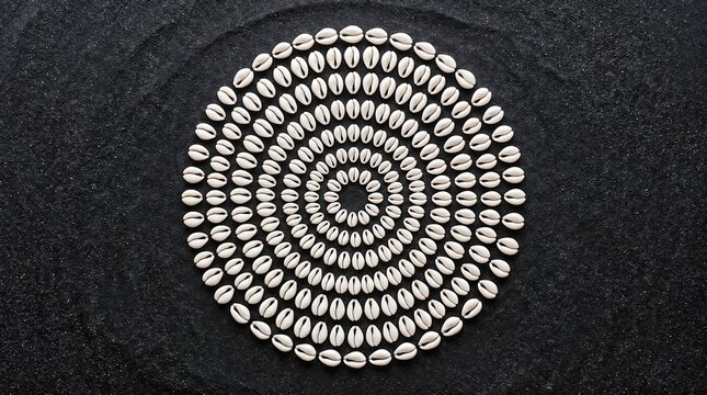 Cowrie shells arranged in a circular mandala pattern on dark sand