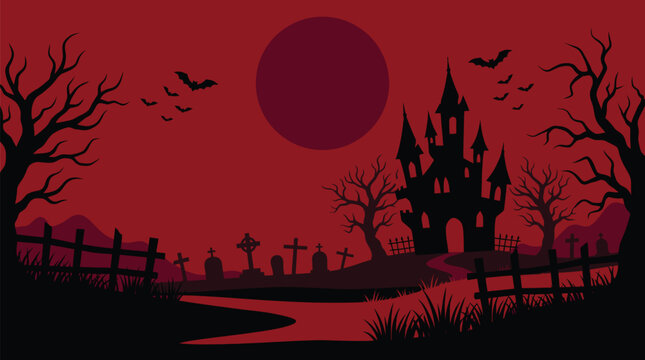 A spooky and dramatic halloween night scene vector illustration featuring a dark castle silhouetted trees and a full crimson moon in the