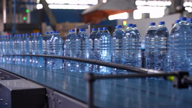 Plastic Water Bottles Moving Along Bottling Line in Factory