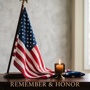 American flag draped gracefully beside a small memorial candle, clean neutral background, respectful patriotic composition, text &ldquo;REMEMBER & HONOR&rdquo;