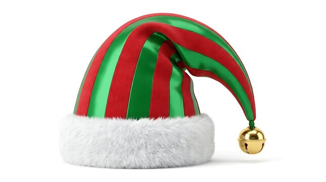 Festive elf hat with red and green stripes and a gold jingle bell isolated on white background