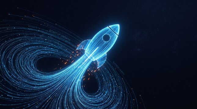 Futuristic Glowing Digital Rocket Launching in Cyberspace