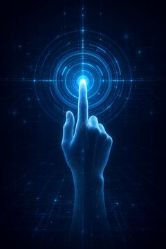 Futuristic Digital Interface Concept with Human Hand Touching Glowing HUD Target Point