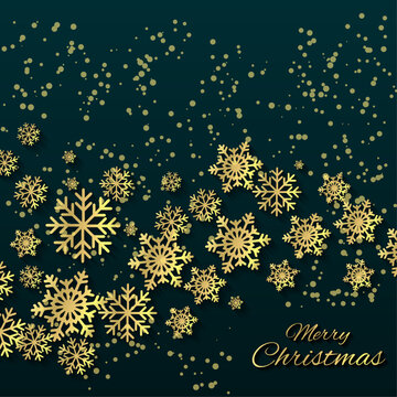 Golden snowflakes on dark green Christmas background