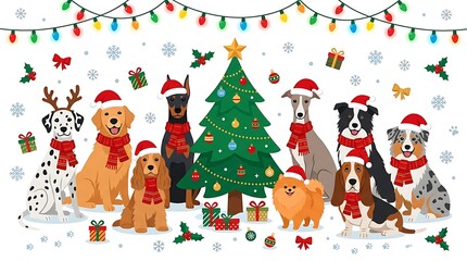 Fototapeta premium Group of cute dogs wearing christmas hats and scarves around a decorated christmas tree