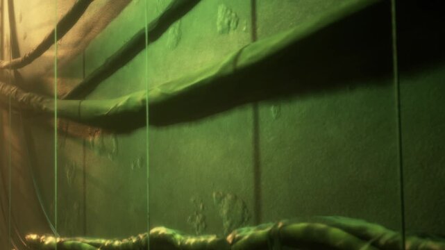 A dimly lit alleyway is filled with a mystical green glow as tangled wires snake along the surface. The atmosphere is mysterious, evoking curiosity about what lies ahead.