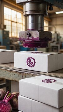 A close-up of an industrial stamp applying a purple eco-friendly leaf logo onto white boxes on a conveyor belt with raw beets in the foreground.