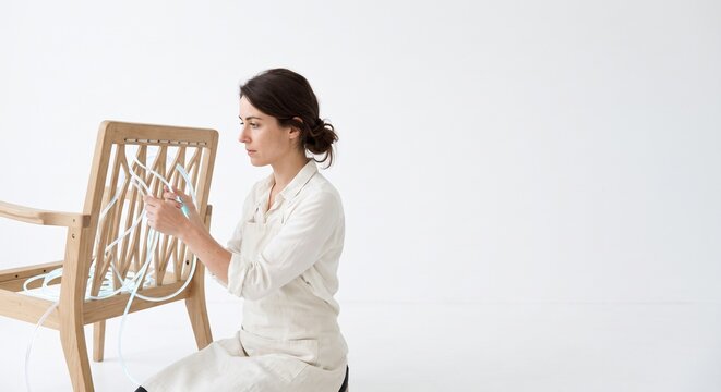 Artisan woman weaving glowing fiber optic strands into wooden chair frame on white background, smart home technology and modern craft concept with wide banner copy space