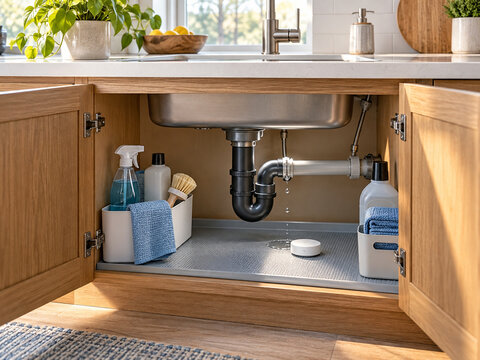 Smart water leak detection sensor under modern kitchen sink