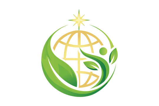 Eco friendly earth vector logo with green leaf, globe, and star symbol for sustainable development, transparent background