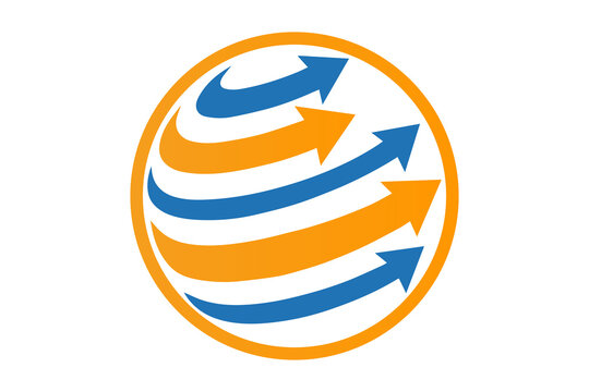 Globe vector illustration with curved arrows and orange oval frame representing global business, transparent background