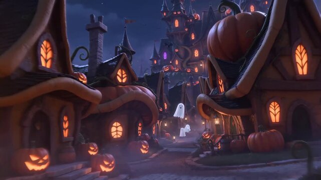 Happy Halloween Greeting Animation Featuring Flying Ghosts and Jack O Lanterns in a Spooky Fantasy Village with a Large Castle