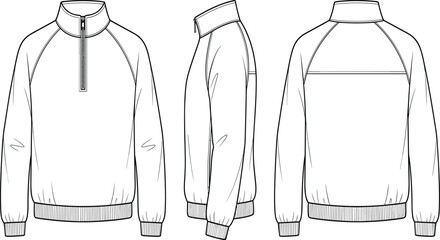 Quarter Zip Windbreaker Jacket Technical Sketch Front Side and Back View Vector Illustration for Fashion Design © Anik