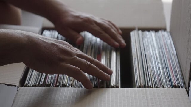 Hands Browsing Vinyl Record Collection in Cardboard Box