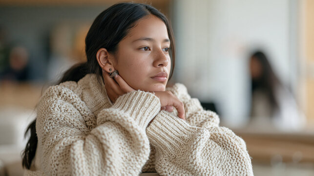Peruvian teenage girl with selective mutism sits near a small indoor water feature in a school counseling quiet zone, communication disorder support, anxiety accommodation,