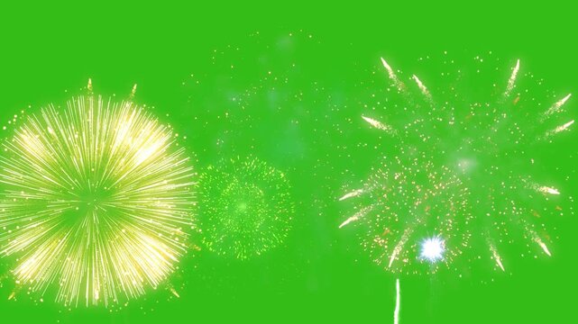 Animation of green fireworks exploding on white background. new year's eve tradition and celebration concept digitally generated video.