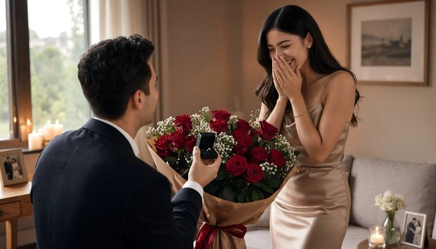 Man proposing to his girlfriend with a big bouquet of red roses in a cozy room