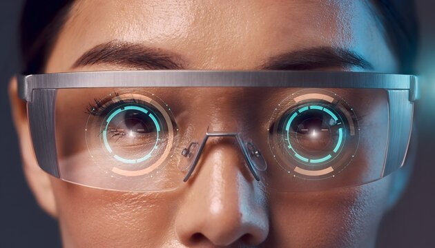 Close up woman eyes wearing futuristic smart AR glasses with glowing iris biometric tracking interface.