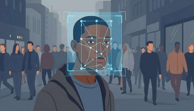 AI facial recognition biometric scan grid identifying young man walking through crowded city street.