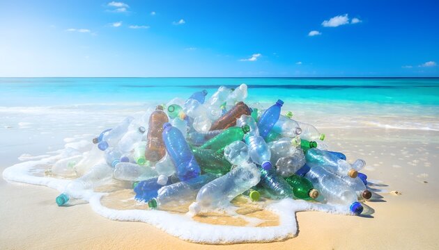 Discarded plastic mineral bottles and garbage trash piled up on sunny white sand beach coastline.