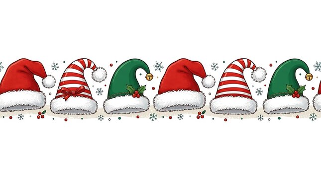 Seamless border with christmas hats isolated on white background