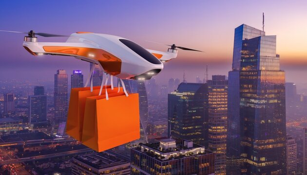 Autonomous delivery drone carrying orange shopping bag flying over modern city skyscrapers at sunset.