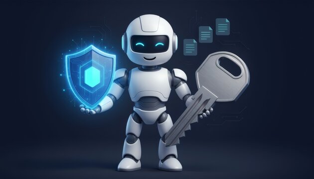 Cute 3D white cyborg robot holding glowing neon security shield and giant key for data protection.