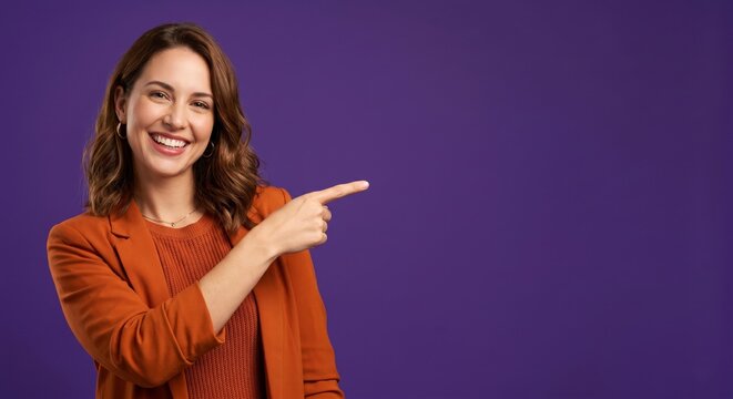 Smiling young businesswoman pointing finger to the right at empty copy space, standing in an orange blazer against a solid purple studio background.