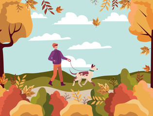 Naklejka premium Man walking dog in autumn park vector illustration. Young man with dog on leash in fall forest landscape background for seasonal card banner poster book and web design elements.