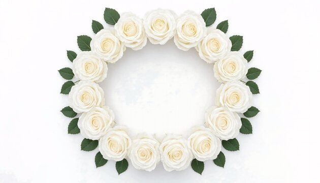Beautiful wreath made of white roses with green leaves arranged in a circle