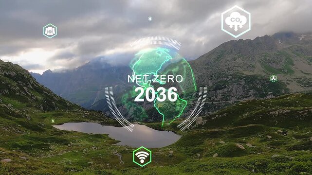 Starting with faint hex icons, green eco icons drifting inward above mountain showing eco data. Ridge, forest, canopy, valley, panorama, sky, verdant