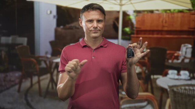 Man holding car keys with thumb pointing to chest, wearing red polo shirt in street cafe patio under umbrella; confidence selling.