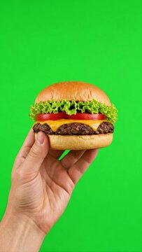 Hand Holding a Fresh Cheeseburger with Beef, Lettuce, Tomato and Sesame Bun Isolated on Green Background