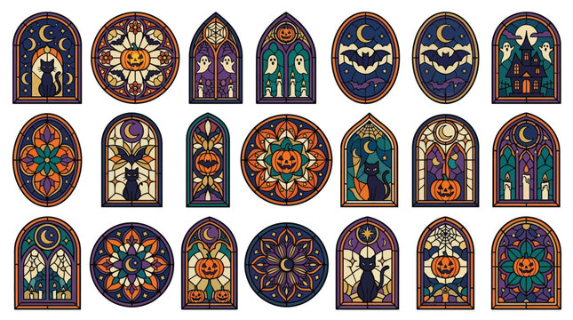 Halloween Halloween stained glass window vector set, collection of spooky icons, jack o lantern, black cat, bat, haunted house, witch, mandala, gothic arches, occult symbols