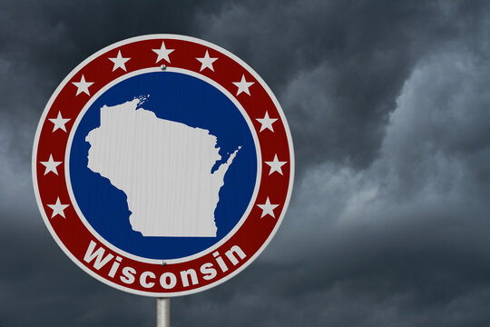 Wisconsin map with stars on a US red, white and blue road sign