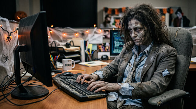 Zombie office worker typing at a computer in a Halloween decorated workplace, wearing torn business clothes with scary undead makeup and a tired expression.