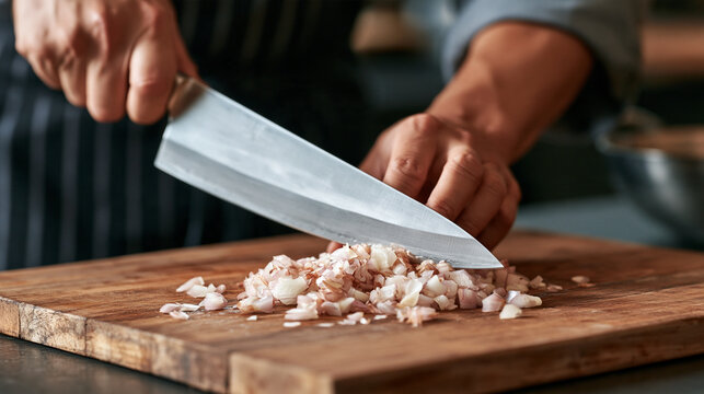 Extreme close-up of a chef's knife brunoise-cutting aromatic shallots on a seasoned wooden board, shallow depth pulling focus to the blade's precision edge and the translucent