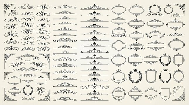 Elegant vintage collection of ornate flourishes dividers borders frames and calligraphic ornaments rendered in classic black ink on a textured off white cream paper background