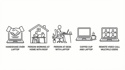 Fototapeta premium Minimalist black outline icons displaying various remote working scenarios including video conferencing and digital business partnerships on white background created in a professional vector art style