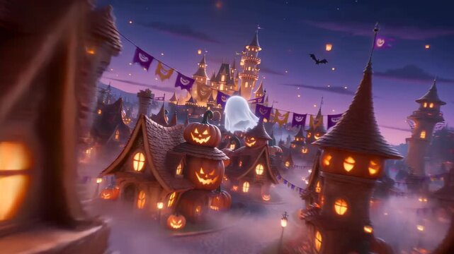 Enchanting Happy Halloween Animation Video with Cute Ghosts a Spooky Castle and Glowing Jack O Lanterns in a Magical Village at Twilight