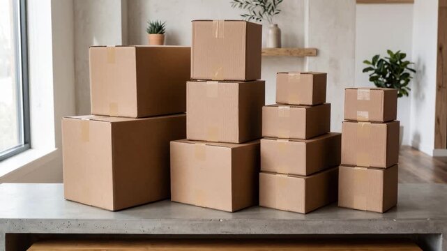 Two people are in a room with a big window. They carry and stack cardboard boxes in different ways. The workers move fast and focus on their task while sunlight comes in